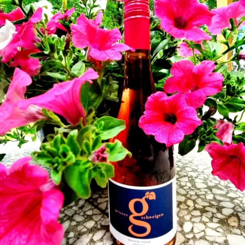 Flasche vom Geisser Secco Rosé auf Steinplatte. Davor und im Hintergrund pinke Blumen.